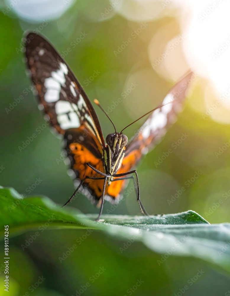 Fototapeta premium A butterfly perched on a leaf with blurred greenery background