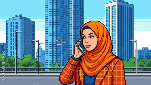 Woman in hijab using smartphone with urban skyline background in pixel art style