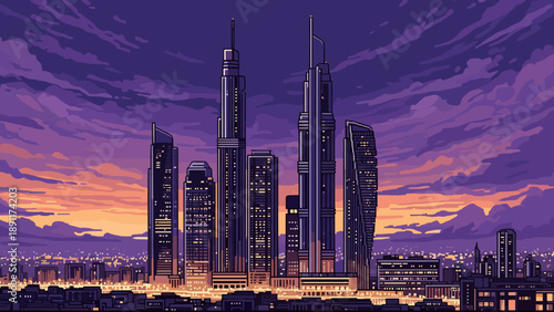 Futuristic pixel art cityscape at dusk with sunset sky and illuminated skyscrapers