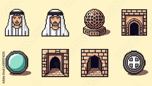 Retro middle eastern icons set featuring architecture and traditional attire