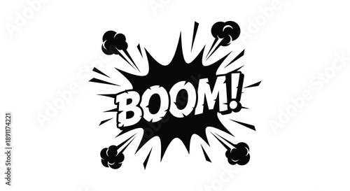 A dynamic black comic book explosion graphic displays the word boom with jagged lines and cloud shapes a striking silhouette