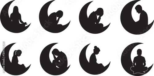 Silhouettes of people meditating on crescent moons in space
