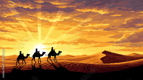 Silhouette of camels crossing desert at sunset with dramatic sky