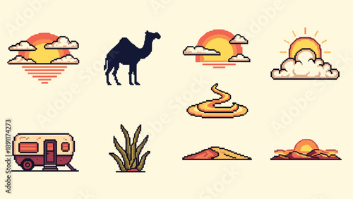 Pixel art desert scene with camel, clouds, cactus, and caravan