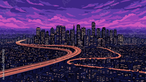 Vibrant pixel art cityscape with twisting highway at sunset