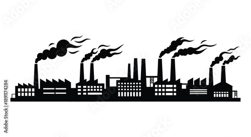 A stark depiction of an industrial cityscape with numerous smokestacks emitting plumes of smoke presented as a dramatic silhouette