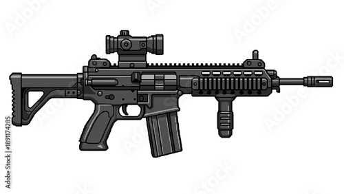 Pixel art assault rifle with scope and detailed design on white background