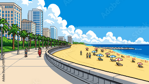 Pixel art beachfront: vibrant seaside cityscape with palm trees and sunbathers