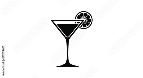 A minimalist depiction of a classic martini glass with a citrus slice garnish presented as a striking silhouette high quality