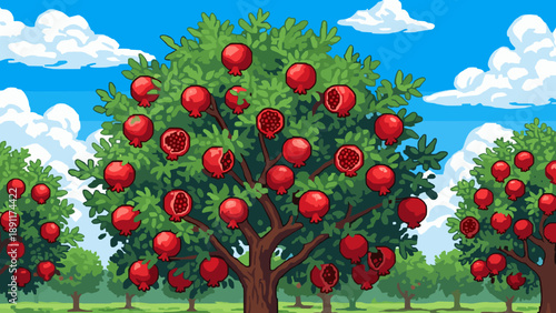 Vibrant pixel art pomegranate tree in lush orchard with blue sky