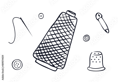 Sewing and embroidery tools. Threads, buttons, thimble, safety pin and needle in minimalistic doodle style. Vector illustration isolated on white background.