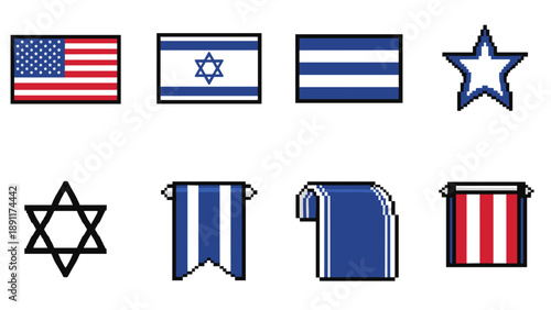 Pixel art flags and stars with american and israeli themes