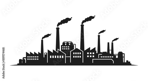 A stark depiction of an industrial complex with multiple smokestacks releasing plumes of smoke presented as a silhouette high quality