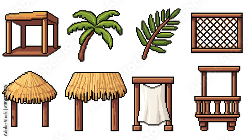 Pixel art tropical elements: wood structures, palm leaves, and thatch roofs
