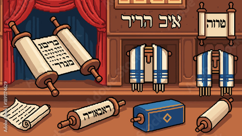 Pixel art torah scrolls and prayer shawls in a cultural display
