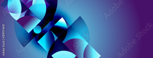 Abstract geometric shapes blend blues, purples. Dynamic composition creates modern visual experience. Smooth gradients suggest depth, movement.