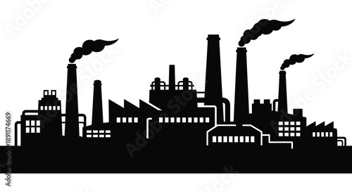 A stark depiction of an industrial cityscape with multiple smokestacks releasing plumes of smoke presented as a silhouette high quality
