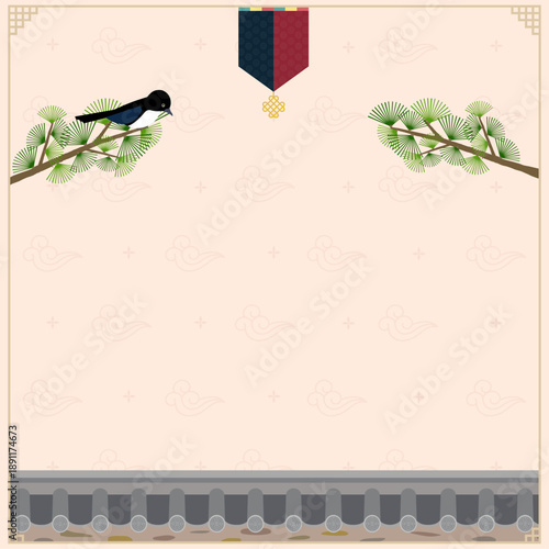 A New Year's greeting of peace and blessings from a magpie sitting on a pine branch
