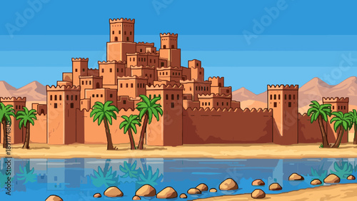 Ancient desert fortress with palm trees by oasis in pixel art style