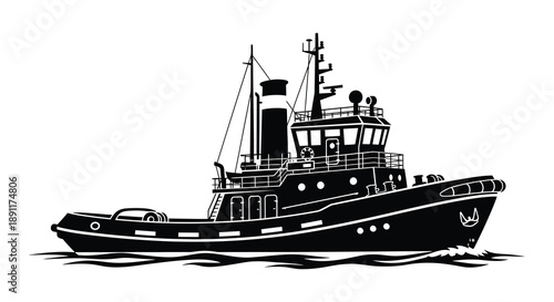 A detailed black and white illustration depicts a tugboat on water showcasing a striking graphic silhouette high quality professional modern
