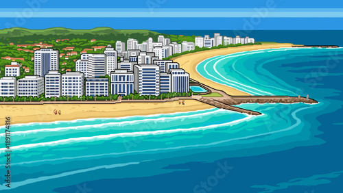 Retro pixel art beachfront cityscape with ocean waves and skyline
