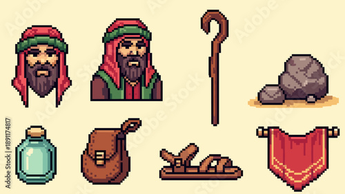 Pixel art set: shepherd, staff, rocks, potion, satchel, sandals, banner