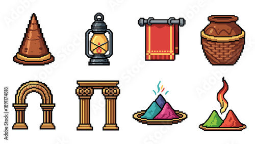 Pixel art icons of traditional artifacts and cultural elements