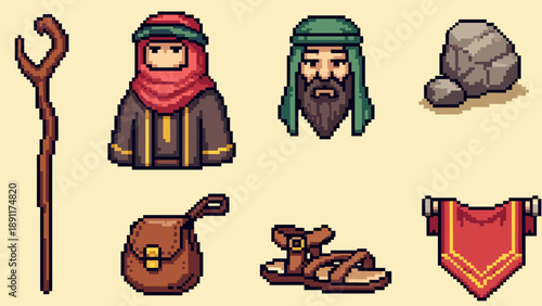 Retro pixel art middle eastern icons: traditional characters and objects