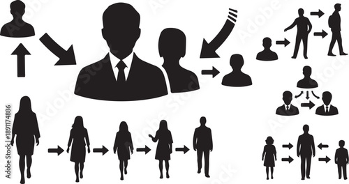 Business People Silhouettes with Arrows Communication Teamwork Concept