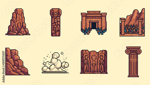 Ancient pixel art monuments: pixelated classical and historic structures collection