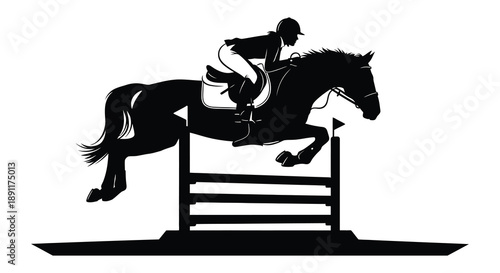 A dynamic black and white illustration depicts a horse and rider clearing a jump with impressive form a striking silhouette high quality