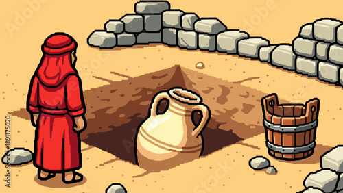 Archaeologist discovers ancient pottery in desert pixel art scene