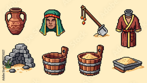 Retro pixel art medieval set: buckets, armor, egyptian elements, and more