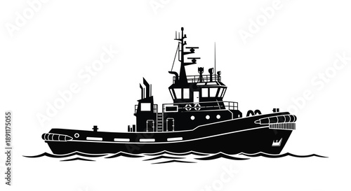 A striking black silhouette of a powerful tugboat sailing on water showcasing its detailed design silhouette high quality professional modern