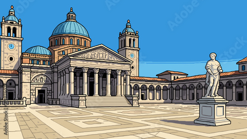 Historic renaissance architecture with majestic dome and statue in vibrant cartoon style