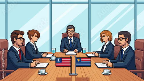 Professional business meeting in corporate office with diverse team and international collaboration