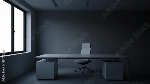 Modern Executive Office Interior with Minimalist Design, Empty Desk, and Bright Sunlight Flooding Through Large Window, Highlighting Professional Corporate Workspace.