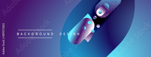 Abstract design features vibrant purple, blue gradients. Spheres, light effects create dynamic visual experience. Text reads background design.