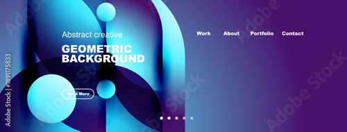 Abstract website header design. Blue, purple gradients dominate. Text includes geometric background, navigation options present. Modern aesthetic.