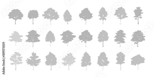 A collection of grayscale tree silhouettes arranged in neat rows and columns