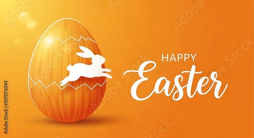 Easter egg with bunny silhouette on orange background with happy easter text