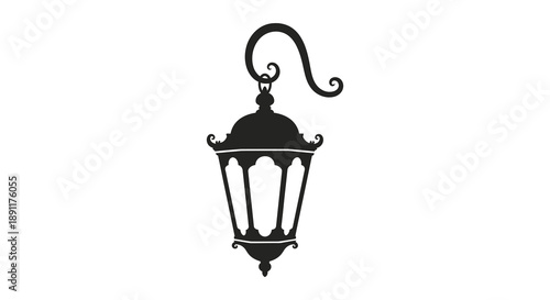 A detailed black silhouette of a vintage hanging lantern with ornate detailing and a decorative hook silhouette high quality professional