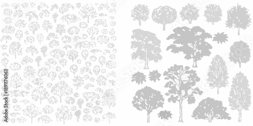 Stylized tree silhouettes in a repeating pattern and individual groupings