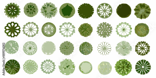 A collection of various green circular tree crown patterns in overhead view