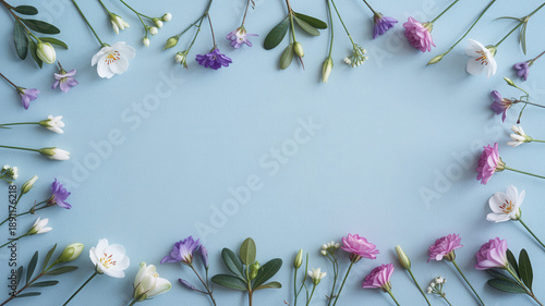 Delicate fresh white purple and pink flowers with green leaves creating a natural border on a soft blue background evenly lit for a serene look