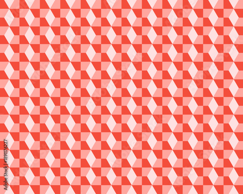 赤とピンクのアイソメトリックな立方体を組み合わせた幾何学模様のシームレスな背景素材。3D効果のある抽象的なヘキサゴンデザイン。モダンなグラフィック、ウェブデザイン、パッケージ、壁紙に最適なベクターイラスト。