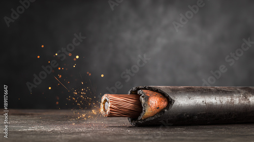 severed. Severed electrical cable with sparks from exposed copper wires. product launch decks, UI/UX mockups, designed for product launches and innovation pitches, highlights innovation.
