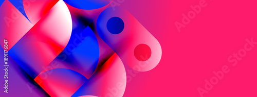 Abstract shapes blend vibrant pinks, blues. Fluid forms create dynamic composition against magenta backdrop. Modern design.