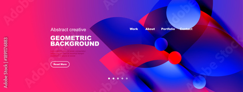 Abstract geometric background features vibrant pink, blue hues. Text elements include work, about, portfolio, contact options. Modern design.