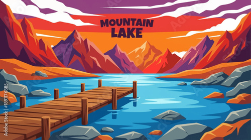 wooden dock extends into a quiet mountain lake vector cartoon, creating a strong focal point and inviting perspective widely used in lifestyle, retreat, and wellness imagery